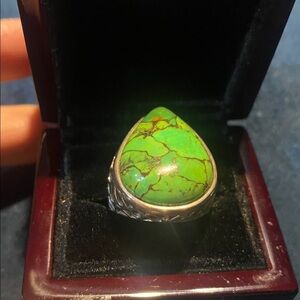 Sterling Navajo Pear Green Mojave Turquoise Copper Ring